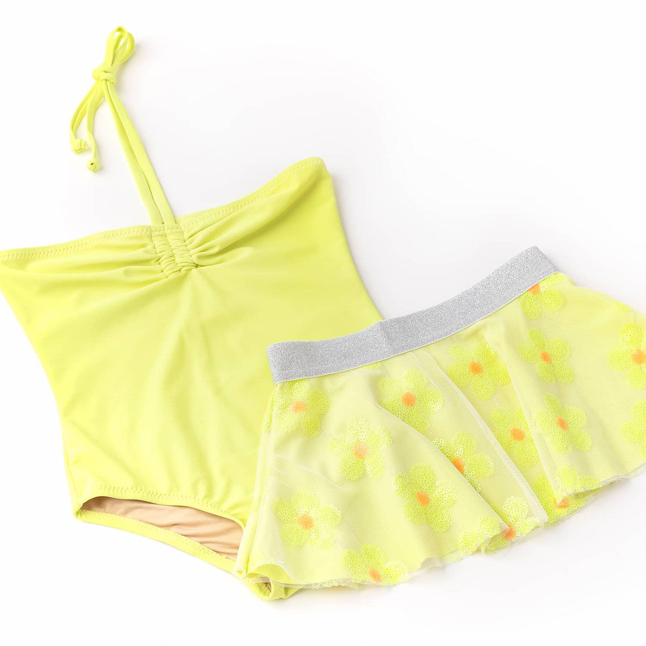 Yellow Girls Halter One Piece & Sequin Skirt Swim Set