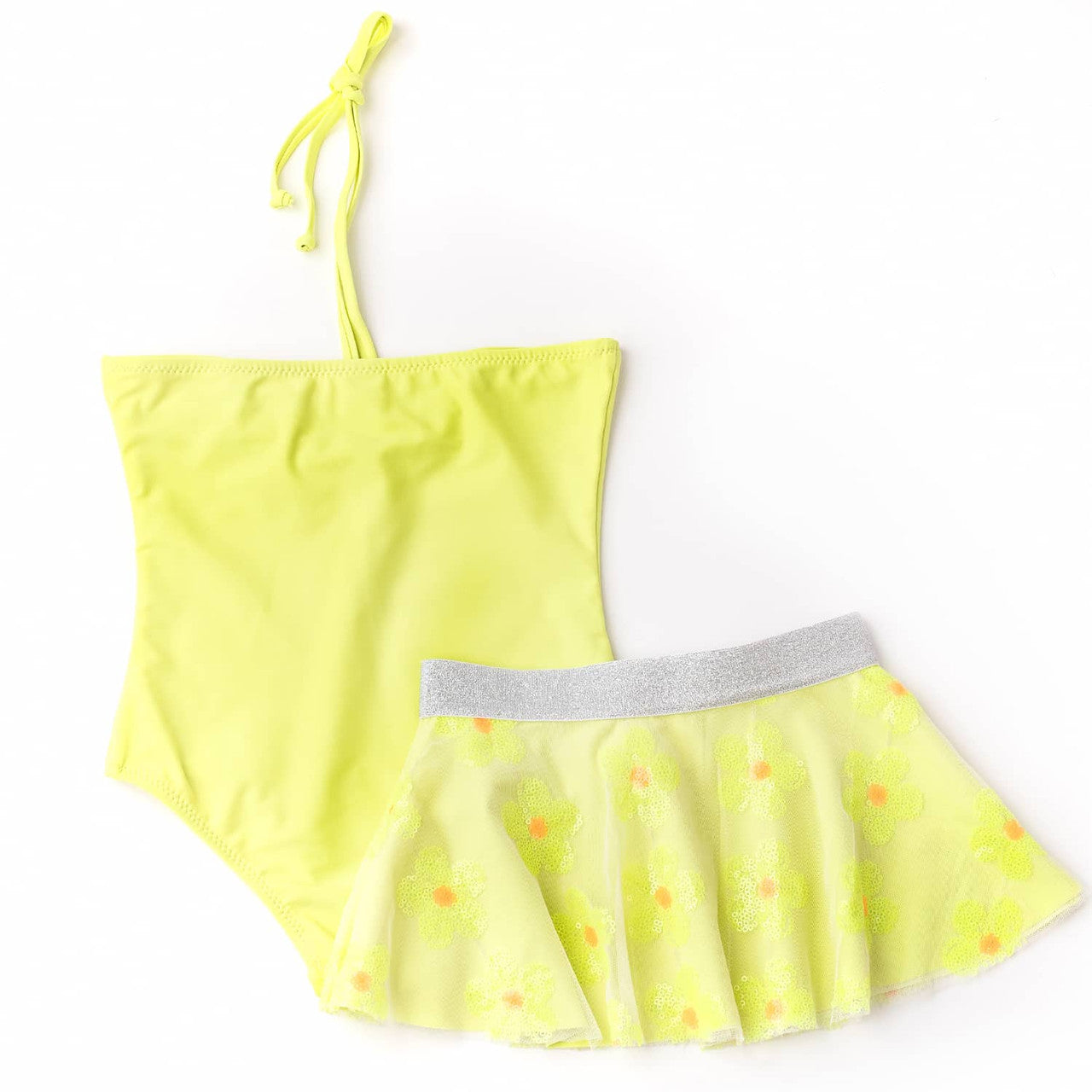 Yellow Girls Halter One Piece & Sequin Skirt Swim Set