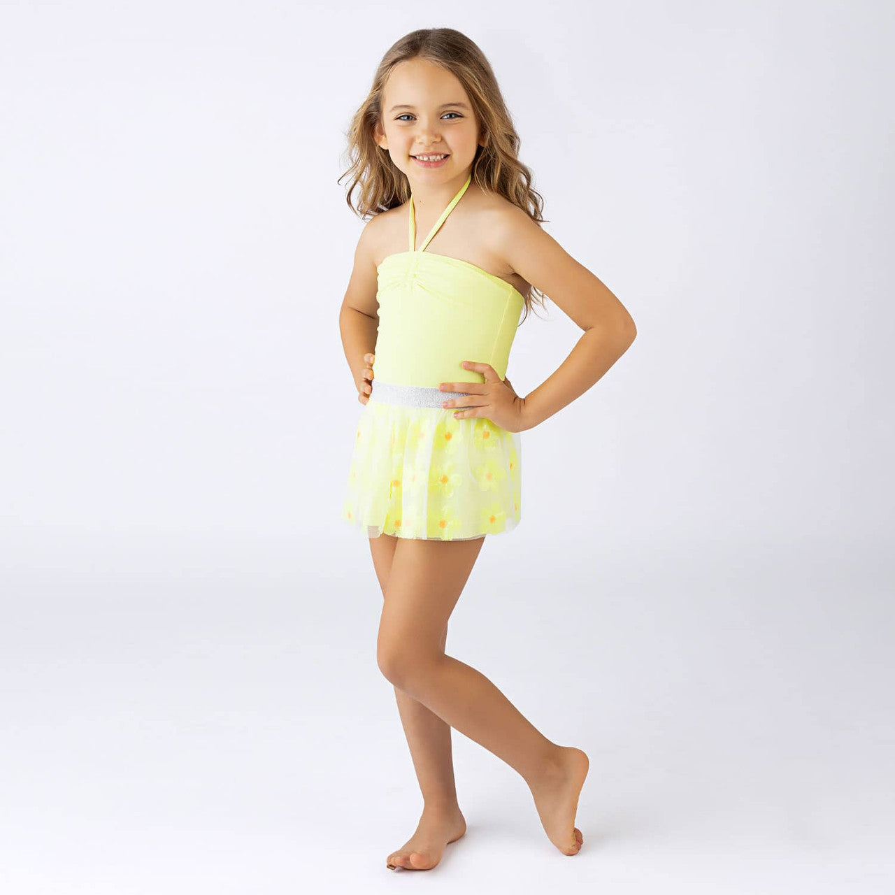 Yellow Girls Halter One Piece & Sequin Skirt Swim Set