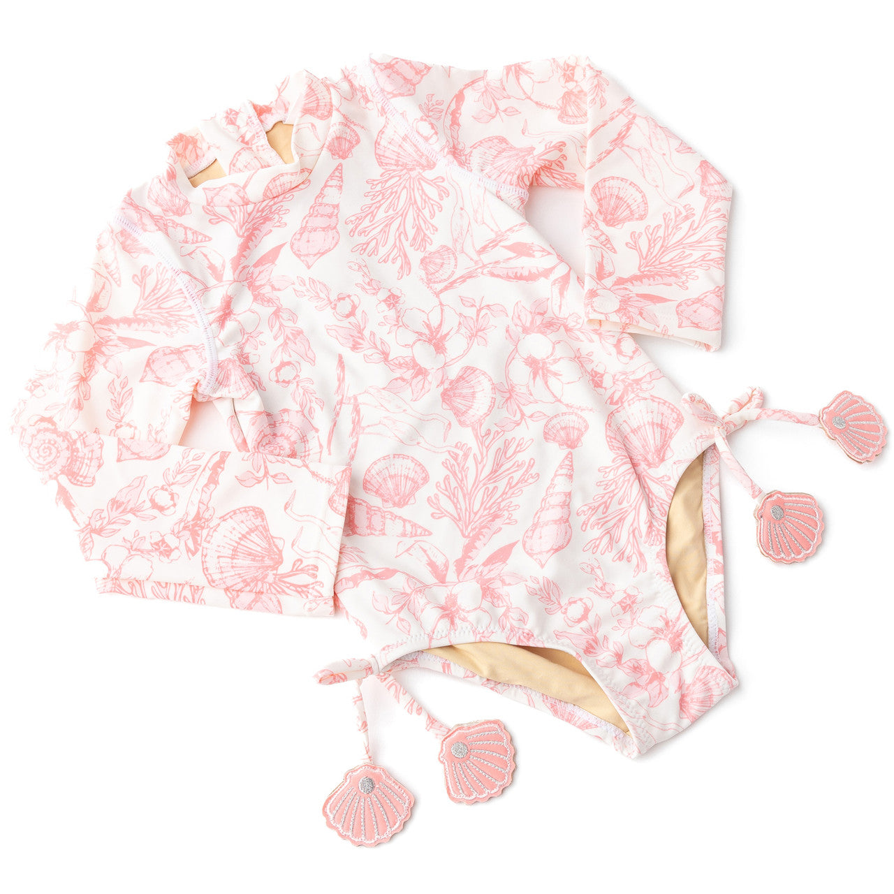 Seaside Toile Girls Long Sleeve One Piece Swimsuit