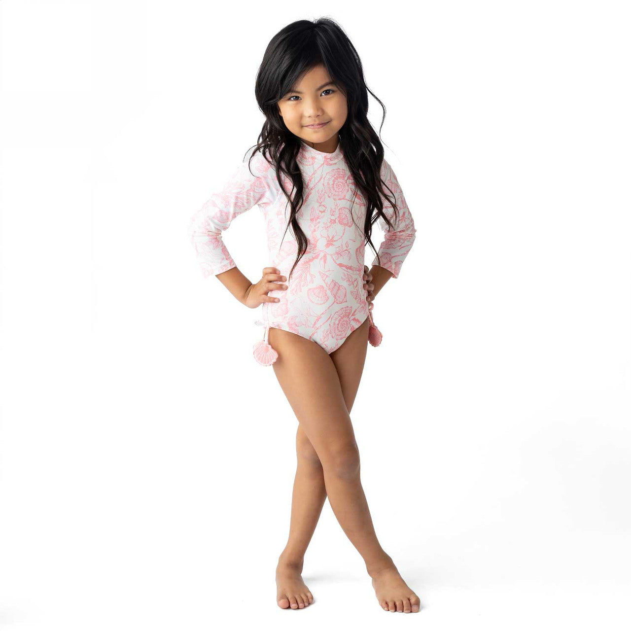 Seaside Toile Girls Long Sleeve One Piece Swimsuit