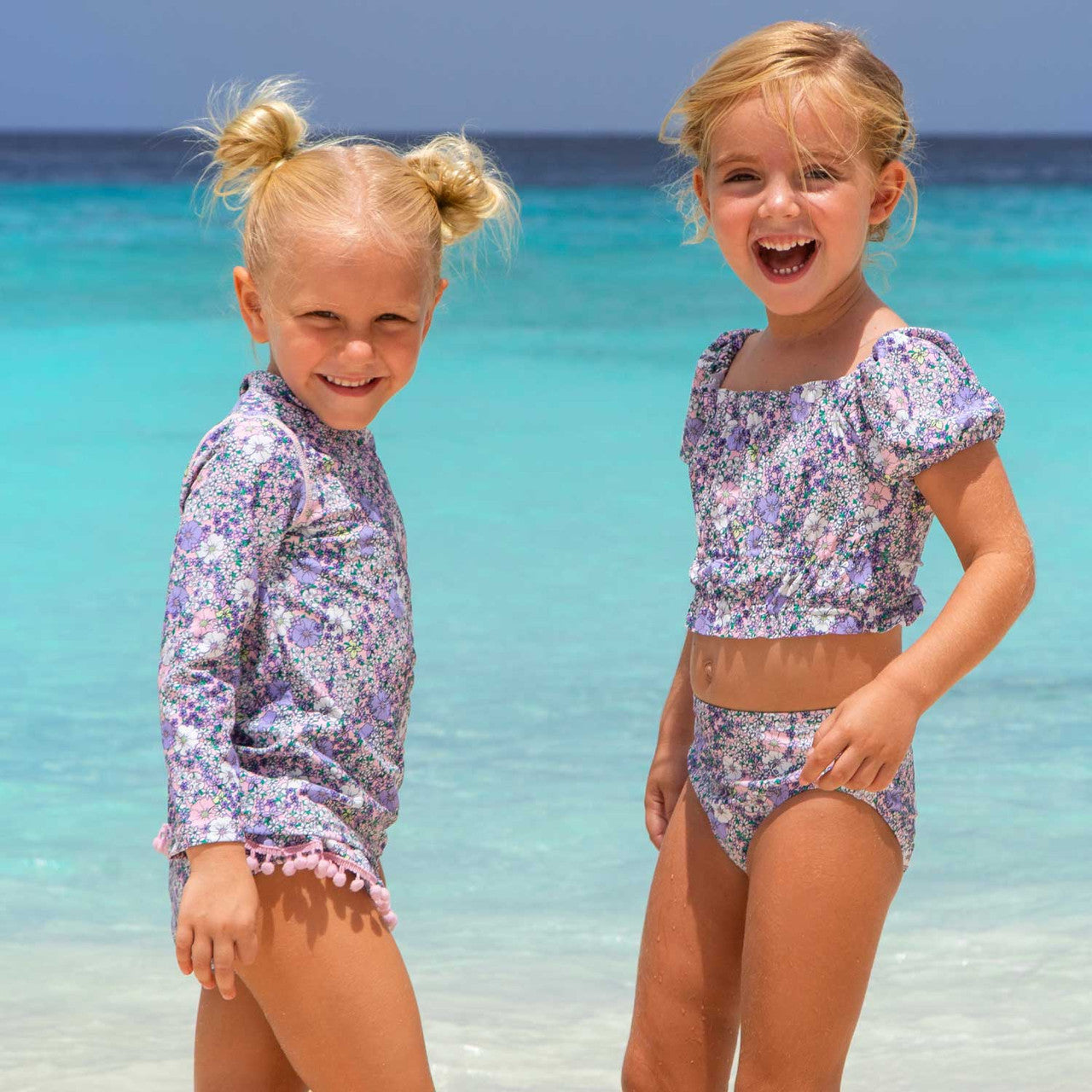 Flower Power Purple Rashguard Swimsuit Set