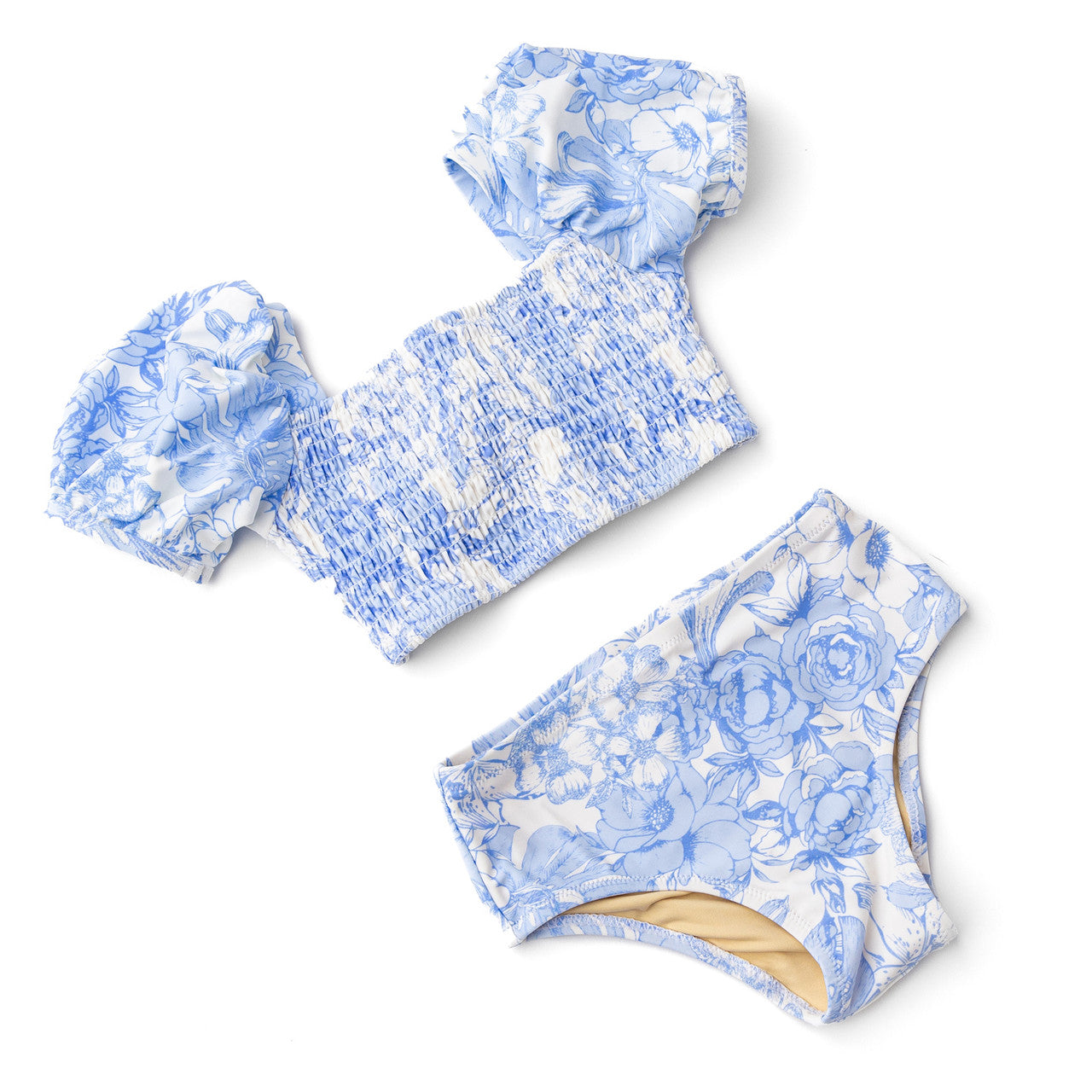 Tropical Blues Smocked Puff Sleeve Two Piece Swimsuit