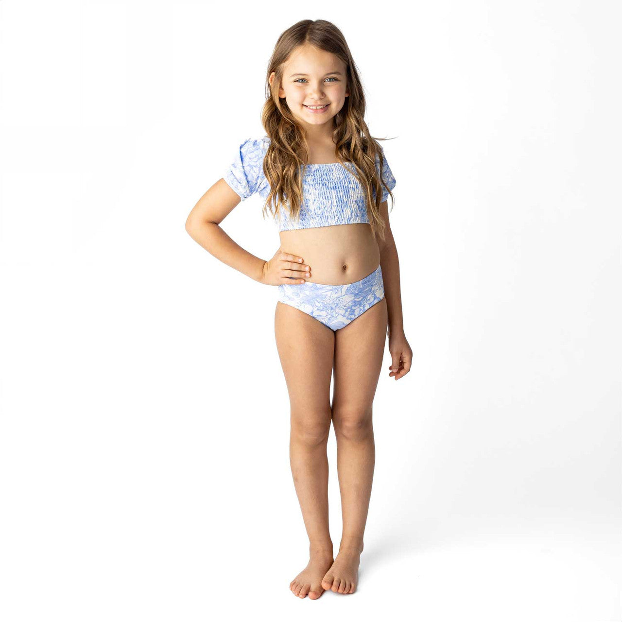 Tropical Blues Smocked Puff Sleeve Two Piece Swimsuit