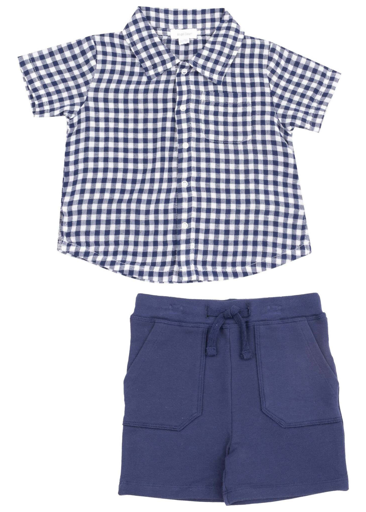 Navy Gingham Muslin Polo Button Down Short Set