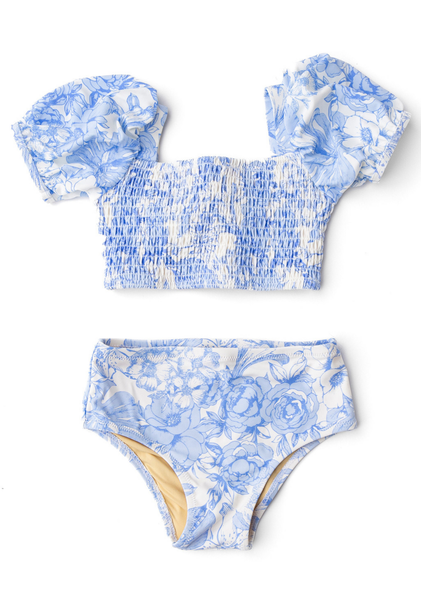 Tropical Blues Smocked Puff Sleeve Two Piece Swimsuit