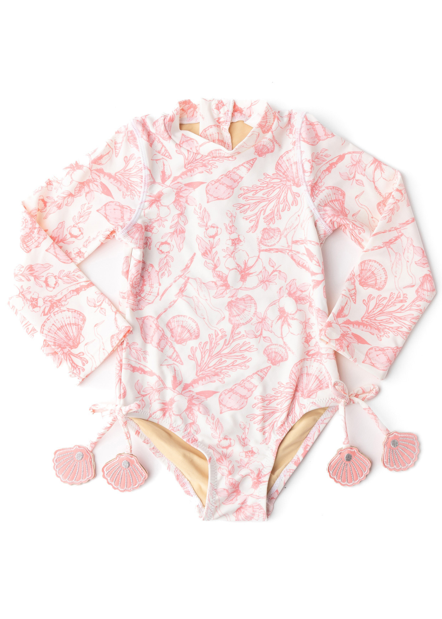 Seaside Toile Girls Long Sleeve One Piece Swimsuit