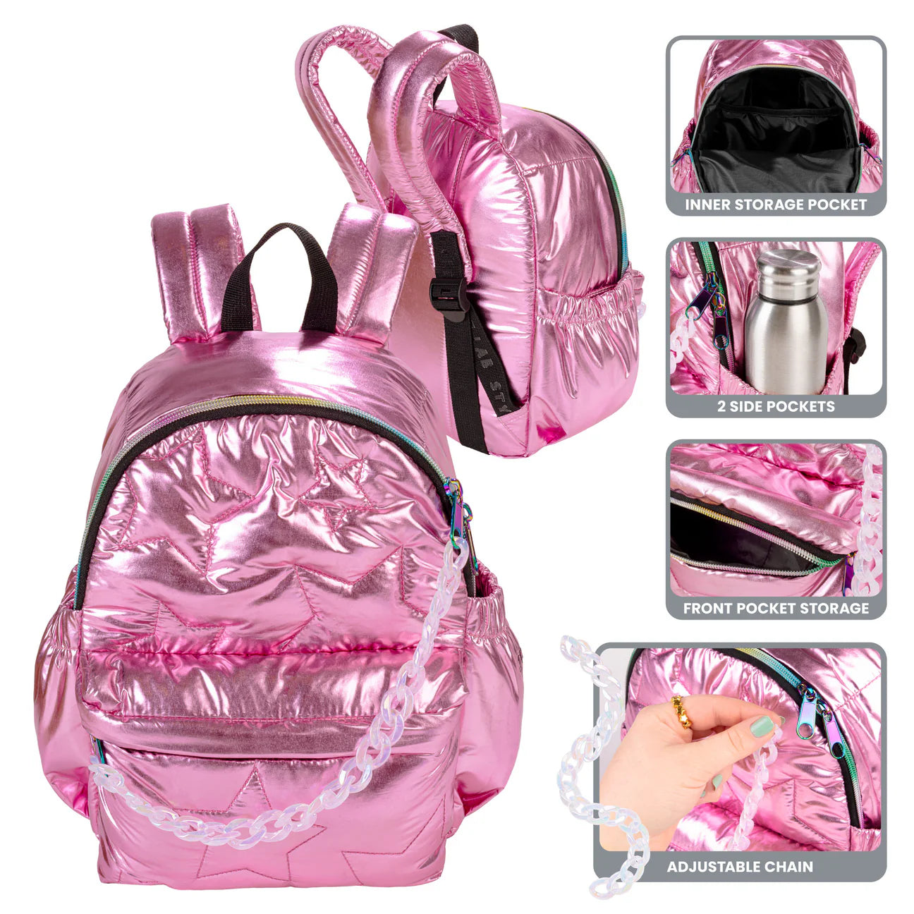 Metallic Star Quilted Mini Puffer Backpack Pink