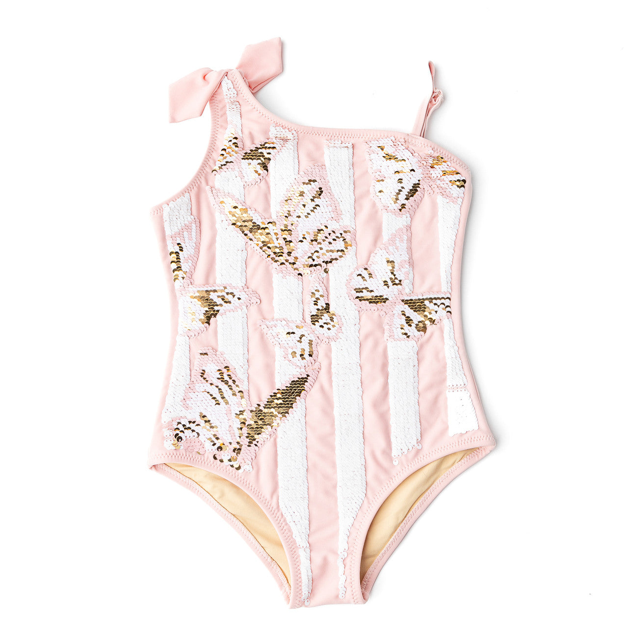 Butterfly Stripe Girls Sequin One Shoulder One Piece Swimsuit