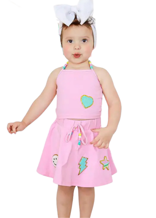 Pink Beaded Two Piece Skort Set