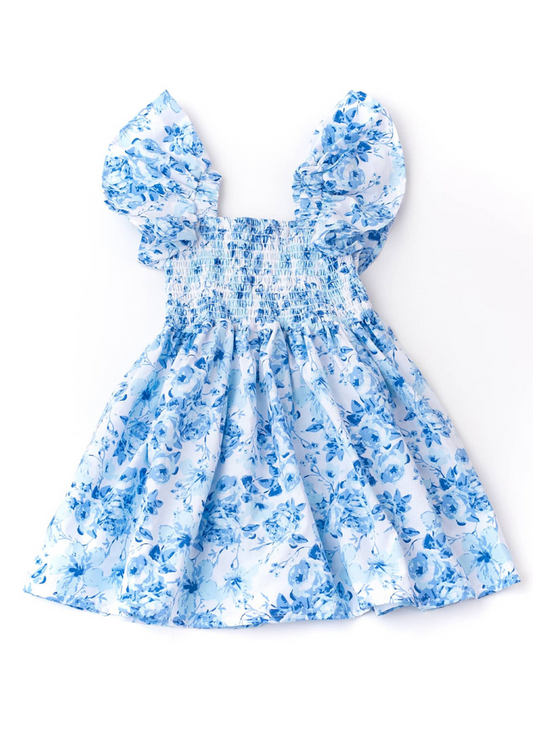 Hibiscus Rose Cotton Girls Smocked Flutter Sleeve Dress