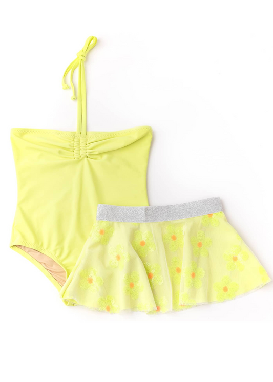Yellow Girls Halter One Piece & Sequin Skirt Swim Set