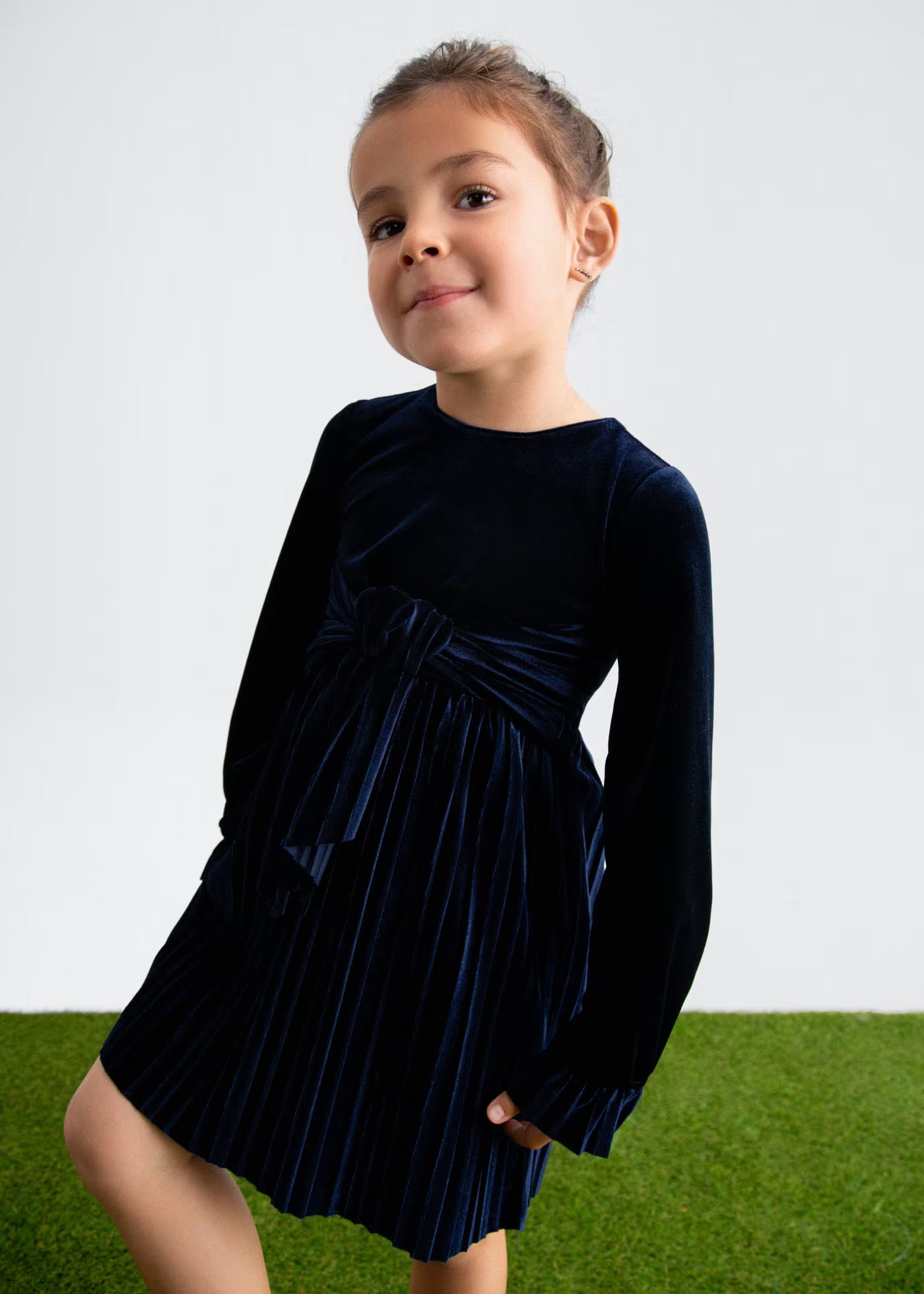 Navy Pleated Velvet Dress