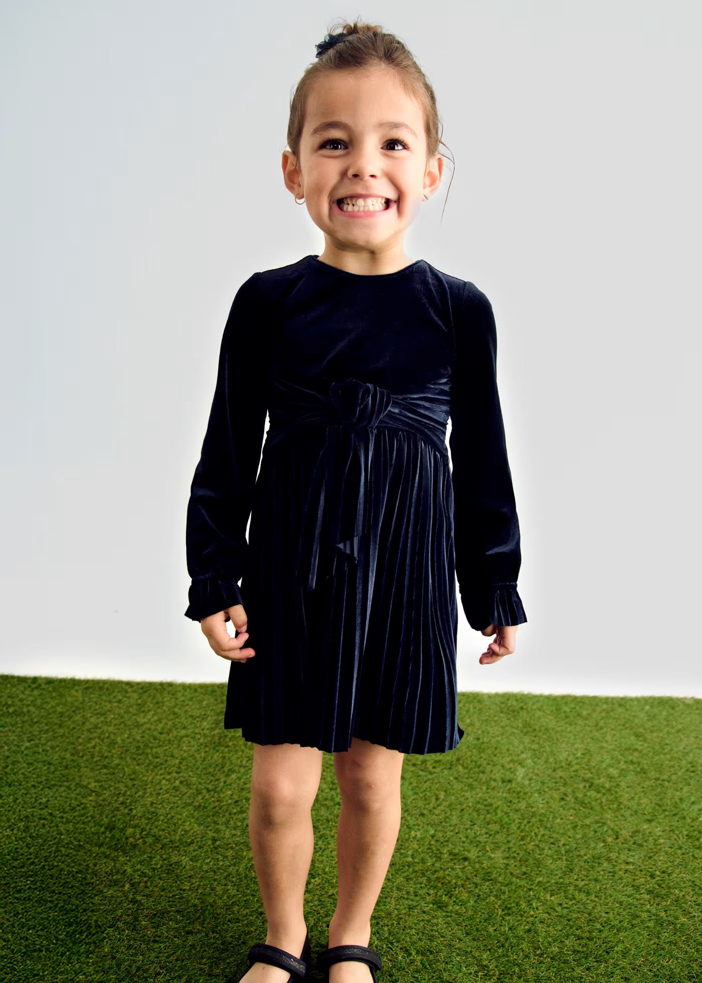 Navy Pleated Velvet Dress
