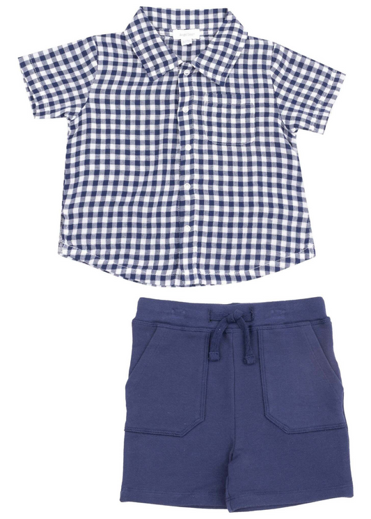 Navy Gingham Muslin Polo Button Down Short Set