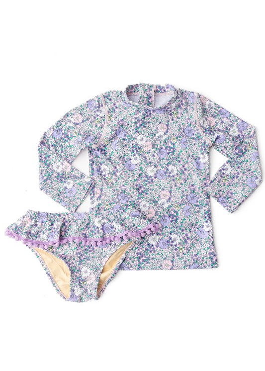 Flower Power Purple Rashguard Swimsuit Set