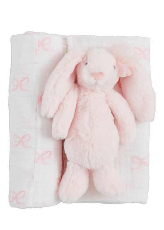 Pink Bow Swaddle & Rattle Set