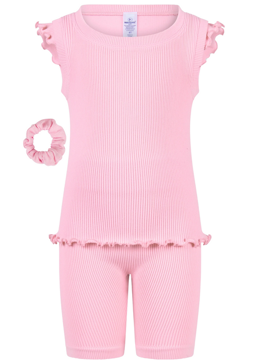 4-6X 3PC Ruffle Tank + Biker Short + Scrunchie Set