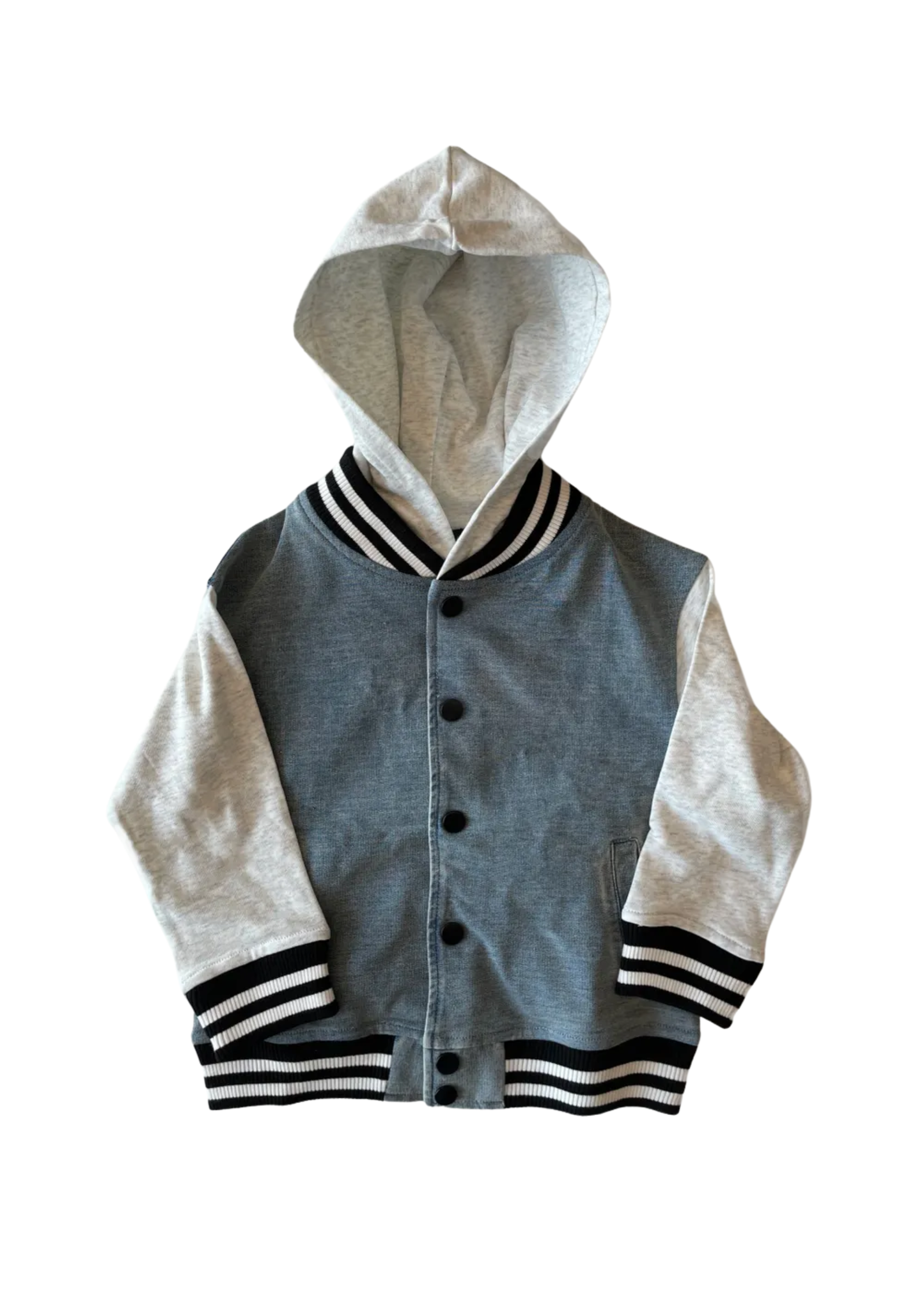 Washed Indigo Hooded Varsity Bomber