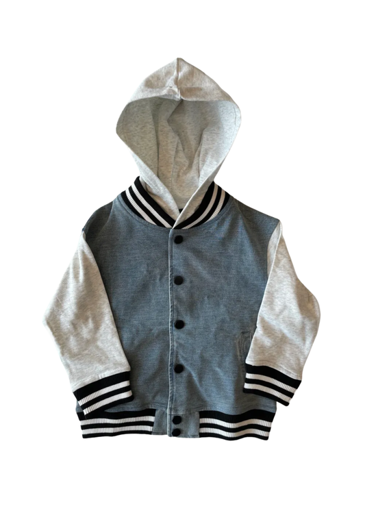 Washed Indigo Hooded Varsity Bomber