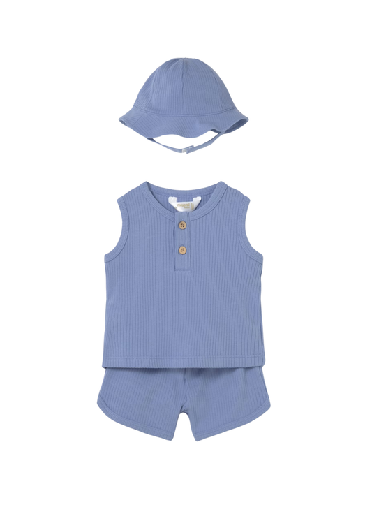 Blue Ribbed Shorts and Hat Set