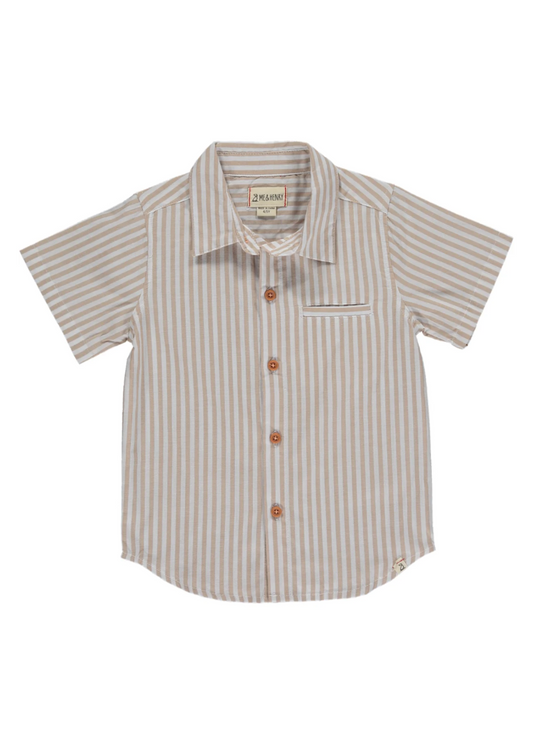 Beige Stripped Short Sleeve Button Down