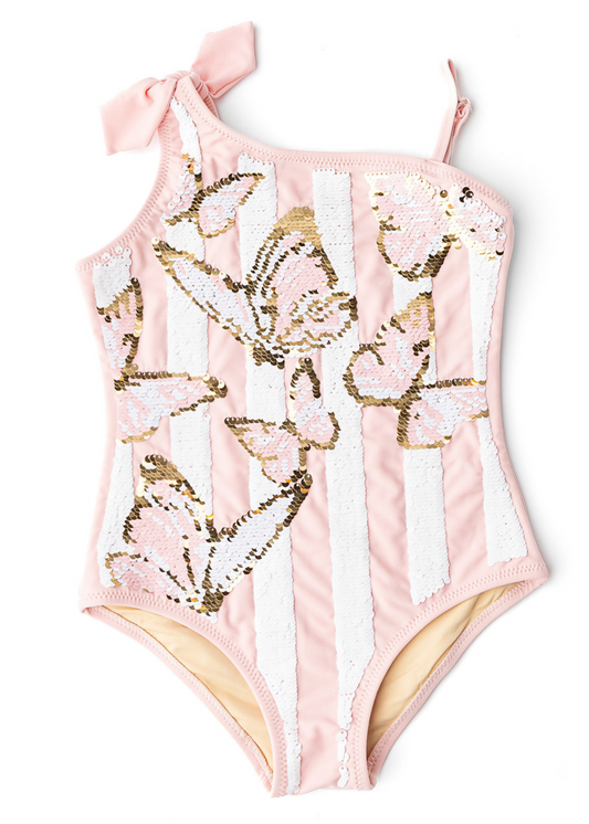 Butterfly Stripe Girls Sequin One Shoulder One Piece Swimsuit